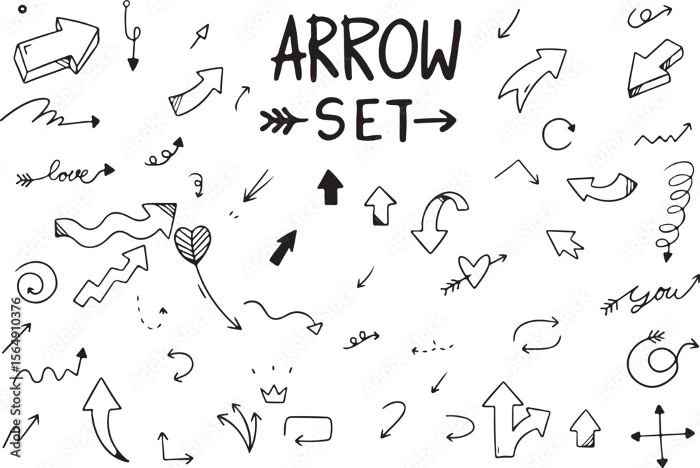 Fototapeta premium Hand Drawn Arrow Set Doodle with Various Directions, Vector Style Icons, Sketch Elements Collection, Transparent Background