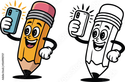 Pencil cartoon character taking a selfie with a smartphone in color and black and white versions isolated