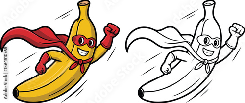 A banana superhero flying with a red cape and mask next to a black and white banana superhero image