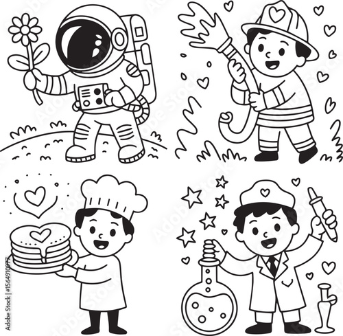 A coloring page featuring an astronaut firefighter chef and scientist in black and white line art style