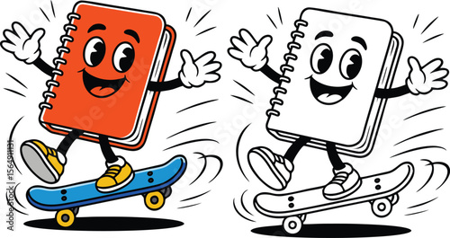 Cartoon notebooks riding skateboards with happy expressions in color and black and white illustration