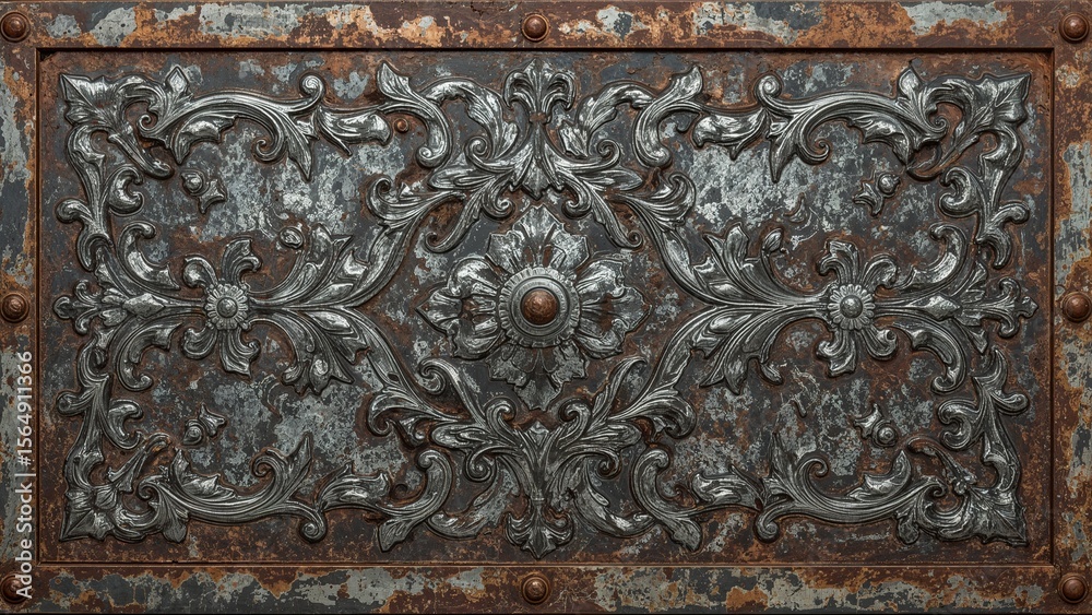 Obraz premium Oxidized metal panel with elegant silver filigree