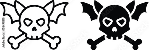 Winged Skull Crossbones Icon Set, Black and White Gothic Halloween Symbols