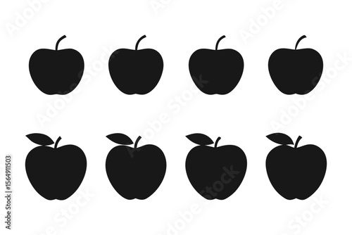 Eight stylized black apple icons arranged in two rows isolated on transparent background