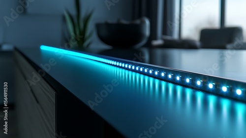 Close up of a blue led strip light on a counter with a plant in the background