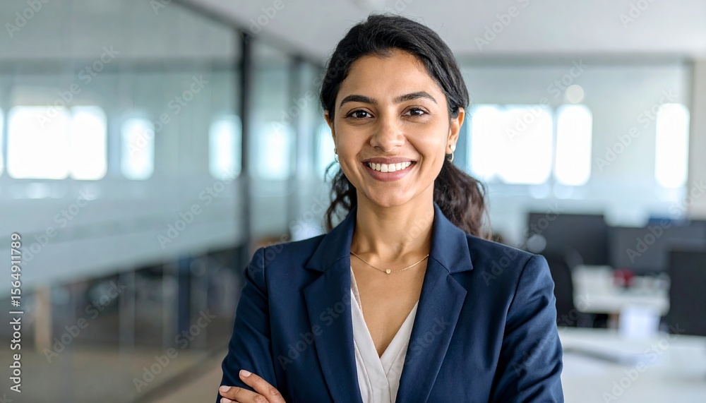 Obraz premium A young Indian businesswoman stands confidently in a modern office, looking directly at the camera, radiating professionalism, ambition, and leadership in a corporate workspace setting