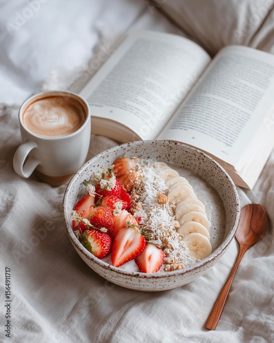Breakfast in bed with oatmeal, banana, strawberry and coffee