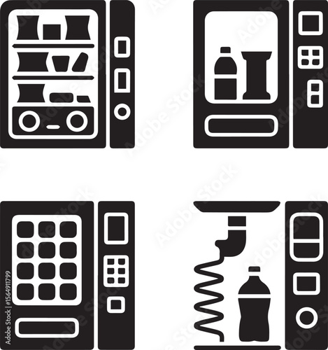 A collection of four vending machine icons showcasing different styles and product dispensing mechanisms