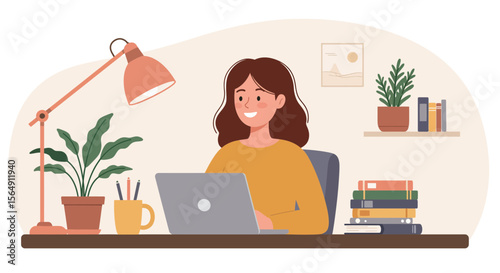 Illustration of a woman working or studying at home with a laptop and desk lamp
