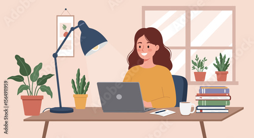 Illustration of a woman working from home at her desk using a laptop