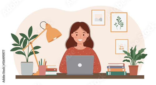 Illustration of a woman working from home on her laptop with a happy expression