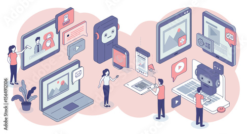 Isometric illustration showcasing a collaborative team leveraging technology and automation