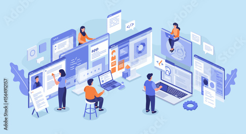 Isometric illustration of web developers team working on website and application