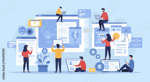 Digital team collaboration and web design conceptual illustration showing teamwork