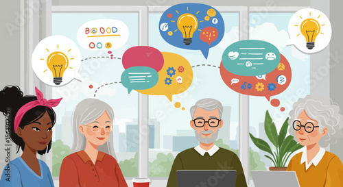 Creative brainstorming session with diverse team members sharing ideas and solutions