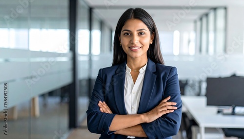 Free Download A young Indian businesswoman stands confidently in a modern office, looking directly at the camera, radiating professionalism, ambition, and leadership in a corporate workspace setting - GFXLoad