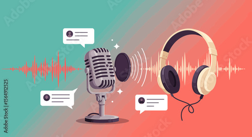 Podcast recording studio setup with retro microphone, headphones and chat bubbles