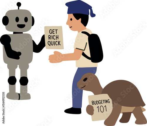 Robot handing out "Get Rich Quick" flyers to students , while a wise turtle walks by holding a book titled "Budgeting 101"