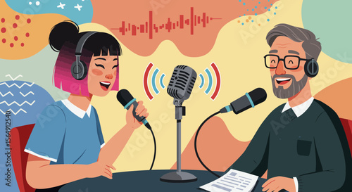 Podcast recording session illustration featuring diverse hosts and vintage microphone