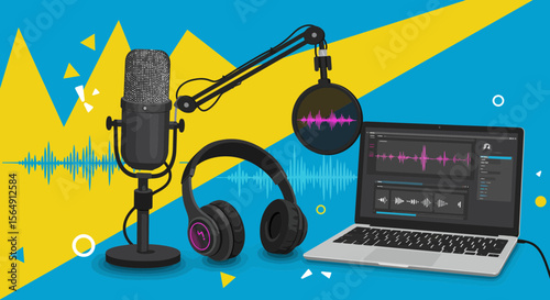 Podcast studio setup illustration featuring a microphone, headphones and laptop