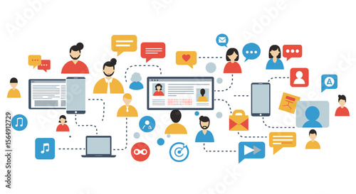 Illustration depicting social media connections and communication methods, using digital devices