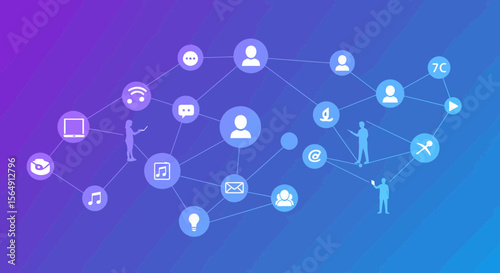 Social media network communication concept connecting people with a blue background