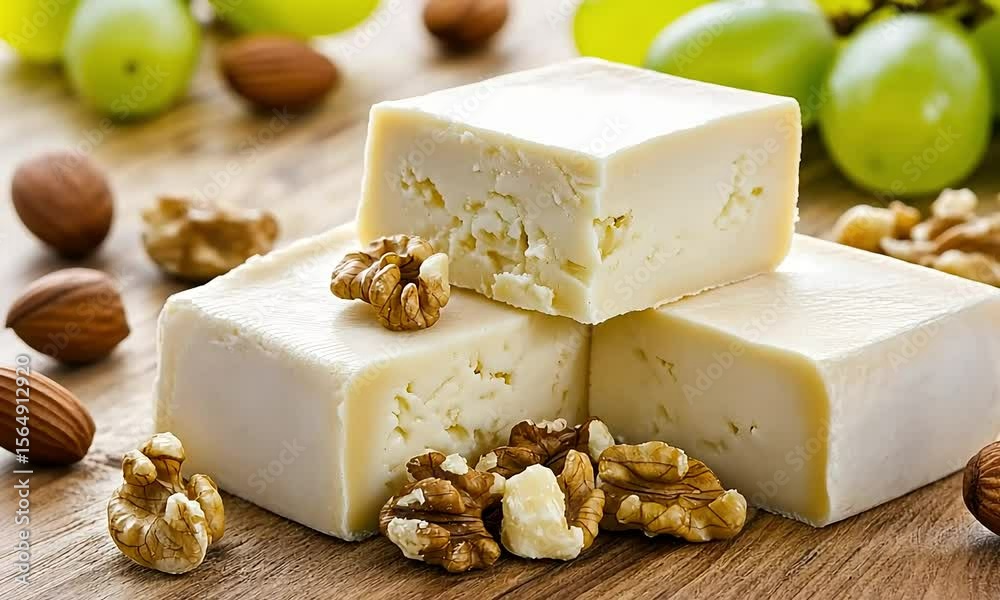 Stacked blocks of creamy white cheese with walnuts and almonds on a wooden surface, with grapes in the background
