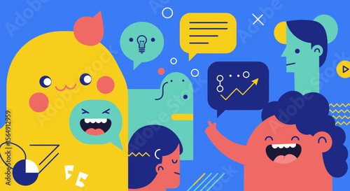 Colorful characters with speech bubbles illustrating communication and collaboration
