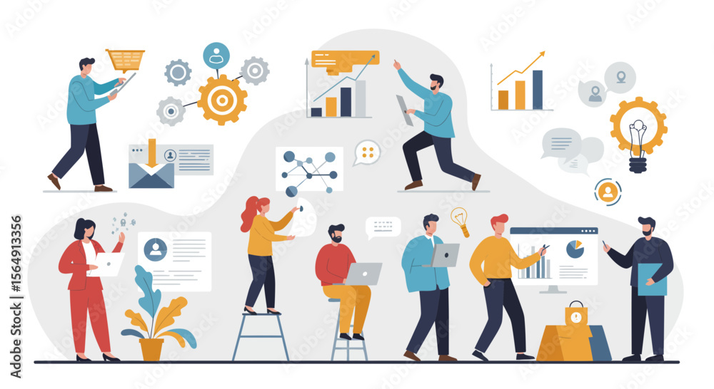 Fototapeta premium Business teamwork illustration featuring diverse characters in various roles and tasks