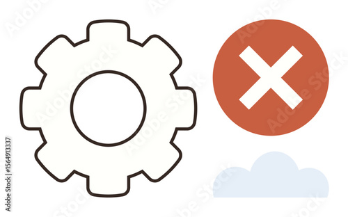 Gear beside red cross and small cloud conveying system issue, technical error, or interrupted process. Ideal for technology, troubleshooting, failure, cloud computing, system errors, IT issues