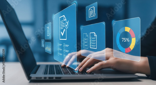 Hands typing on a laptop with digital dashboard graphics displaying analytics, reports, checklists, and pie charts. Symbolizes modern business data management and workflow optimization.