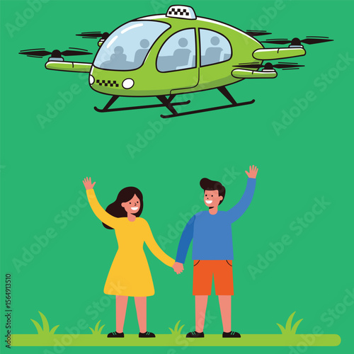 Futuristic air taxi flat vector illustration. Self driving passenger drone, driverless vtol. City travel, urban transportation. Flying cab delivery service
