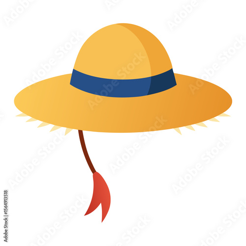 Straw hat with ribbon, wide frayed brim vector icon on white background.