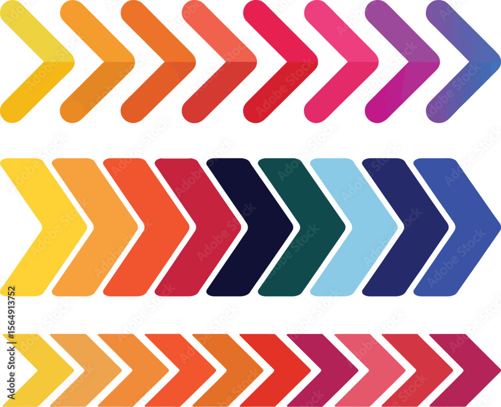 Obraz premium Colorful chevron arrows progress indicator design element, Colourful Dynamic Arrow Representing Speed, Acceleration, and Fast Movement – Transparent PNG and Vector Illustration