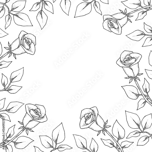 Floral black and white frame. Garden flowers roses