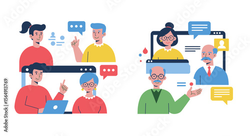 Illustrations depicting online communication and virtual meetings with diverse people