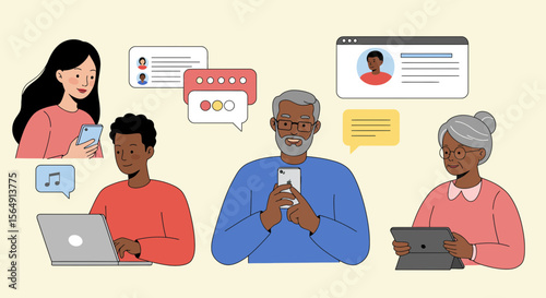 Diverse generations connecting through modern technology for social interactions online