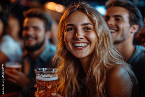 Blonde woman smiling with beer at bar, enjoying fun night out with friends in cozy setting