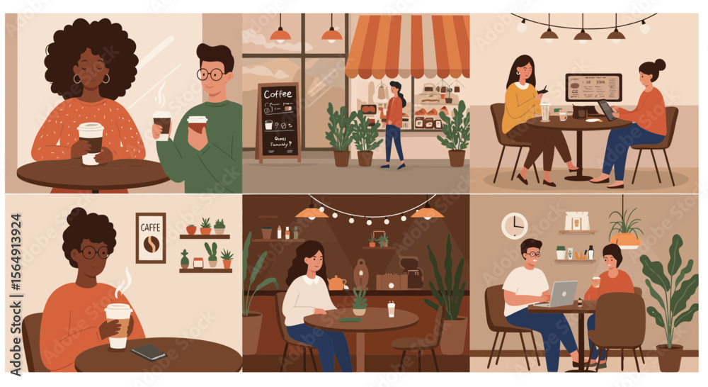 Fototapeta premium Cozy Coffee Shop Scenes: A Diverse Collection of Patrons Enjoying Their Coffee