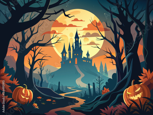 Spooky Halloween night background with pumpkins, bats, and a scary moonlit tree vector illustration
