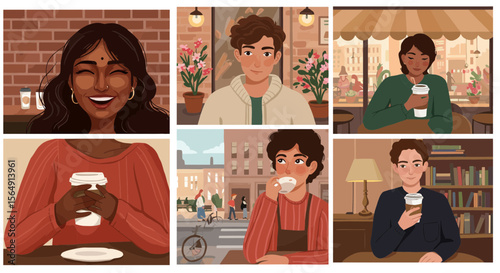 A collage showcasing diverse individuals enjoying coffee in various settings and moments
