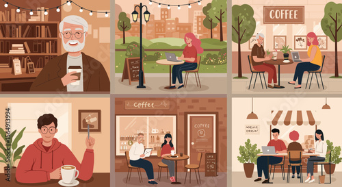 Illustrations of people enjoying coffee in various settings and scenarios collection