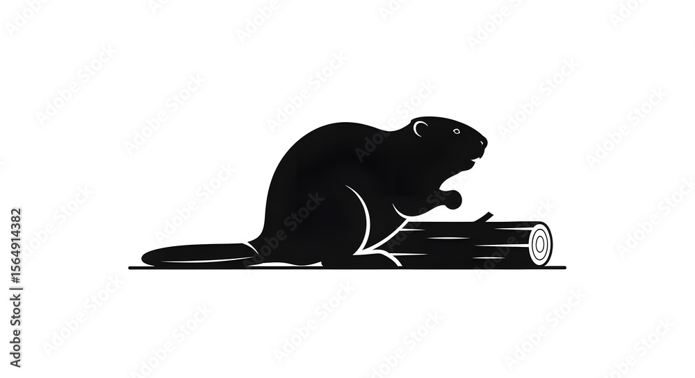 Obraz premium Silhouette of a Beaver with a Log, Monochrome Illustration of a North American Rodent