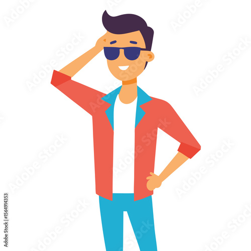 Modern style young male with joyful smile, festive summer outfit vector icon on white background.