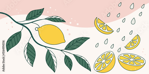 Yellow lemons and green leaves falling into water drops in pink white  background vector illustration.