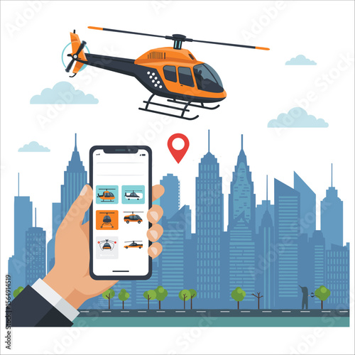 Futuristic air taxi flat vector illustration. Self driving passenger drone, driverless vtol. City travel, urban transportation. Flying cab delivery service
