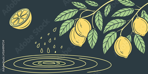 Yellow lemons and green leaves falling into water drops in dark green background vector illustration.
