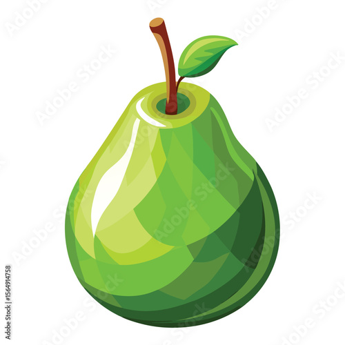 Stylized green pear with stem and leaf on white background