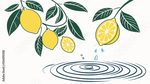 Yellow lemons and green leaves falling into water drops in white background vector illustration.