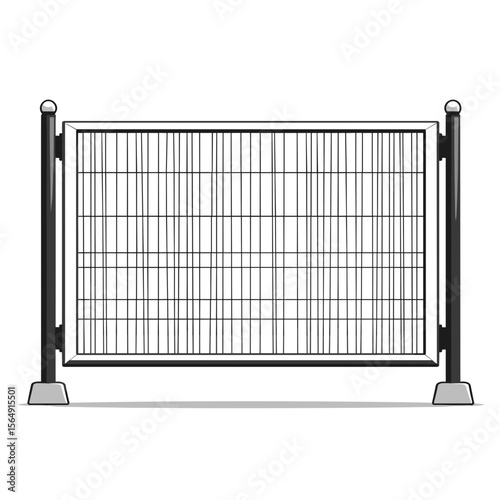 Metal fence panel with vertical bars and posts.  Durable metal fence section ideal for construction sites or industrial areas.  Strong and reliable fence for perimeter security.